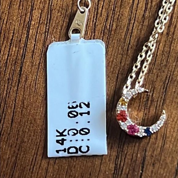 14K Yellow Gold Mini Diamond and Sapphire Crescent Moon Necklace - Picture 7 of 7